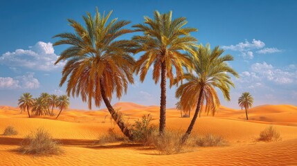 Fototapeta premium Lush Palm Trees Nestled Among Rolling Sand Dunes Under a Bright Blue Sky in a Warm Desert Landscape