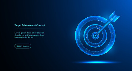 Futuristic Low Poly Target with Arrow Hit Center, Goal Achievement and Success Concept, Digital Business Strategy Illustration © UIA Design 