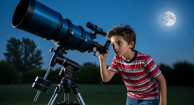 Young Boy Gazing Through Telescope at the Moon.