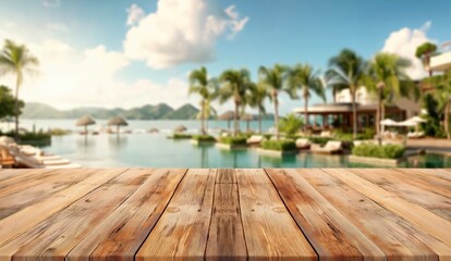 Fototapeta premium A wooden table overlooking a tropical resort pool with palm trees, thatched umbrellas, and distant mountains under a partly cloudy sky.