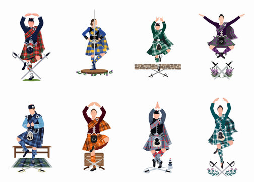 Collection of traditional Scottish Highland dancers in colorful tartans performing iconic folk dances and the sword dance, isolated vector illustration.