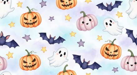 Obraz premium Cute Halloween pattern with pumpkins, ghosts, bats, and stars