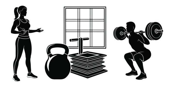 Gym and fitness silhouette set with woman kettlebell and barbell weights