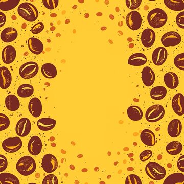 A vibrant yellow background with a border of coffee beans and splatters