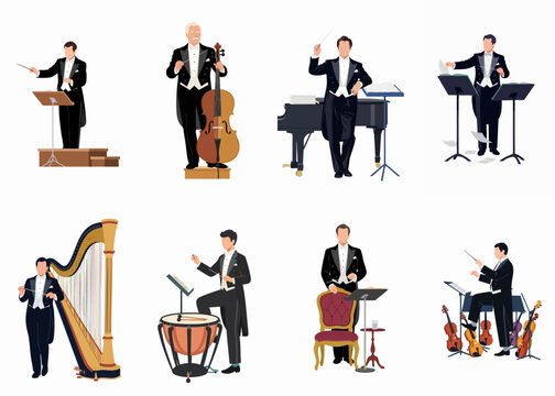 Set of flat illustrations featuring orchestra conductors and classical musicians in formal tuxedos with various instruments like cello, harp, and timpani.