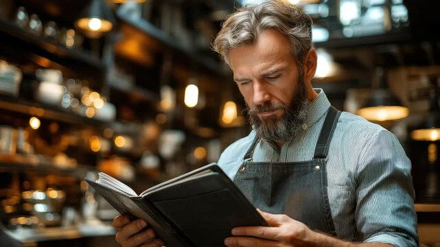 Professional bearded man in apron reading leather bound book or menu within cozy warmly lit restaurant or boutique workshop environment