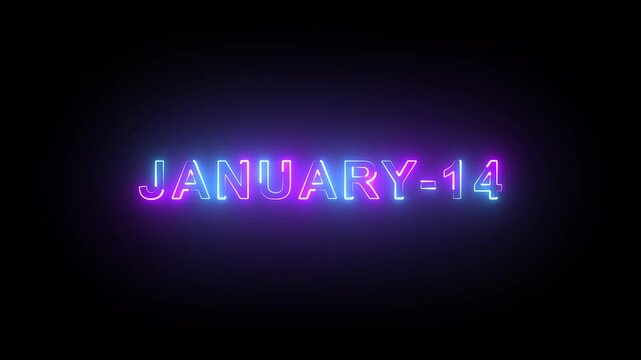 Futuristic Glow &ldquo;14 January&rdquo; Text Animation &ndash; Modern Neon Date Design on Black Background for Notification and Event Use.