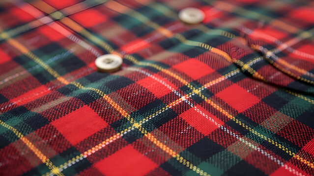 Red black and green plaid shirt fabric with white buttons closeup
