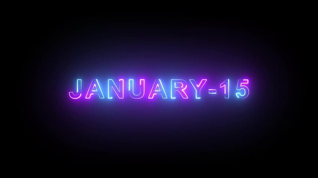 Futuristic Glow &ldquo;15 January&rdquo; Text Animation &ndash; Modern Neon Date Design on Black Background for Notification and Event Use.
