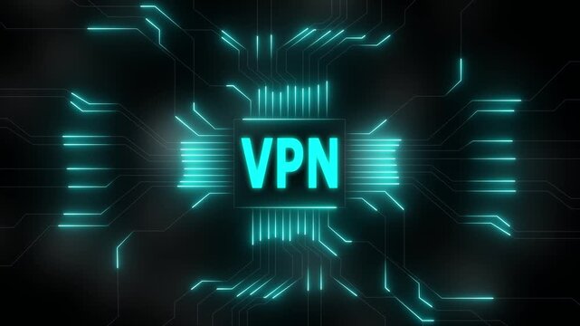 Vpn technology abstract circuit board glowing neon lines data transfer digital network security. Virtual private server with circuit board and processor. Technology concept.