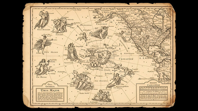 Vintage star chart with illustrations of constellations and astronomical map