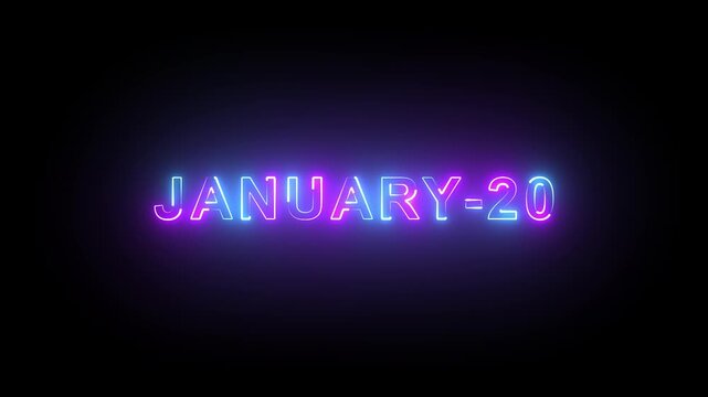 Futuristic Glow &ldquo;20 January&rdquo; Text Animation &ndash; Modern Neon Date Design on Black Background for Notification and Event Use.