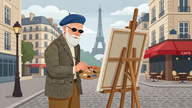 Senior Man Painting on an Easel in Paris 2D Vector Animation