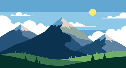 Fototapeta premium Vast Mountain Landscape with Sun and Clouds, a Serene Nature Scene