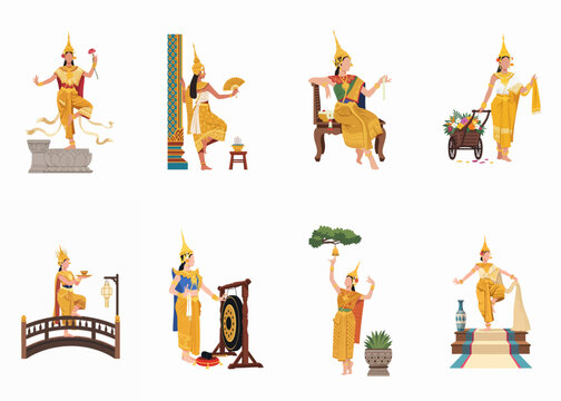 Set of flat illustrations featuring women in elegant traditional Thai costumes performing various cultural activities and dances in a minimalist style.