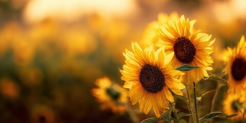 Obraz premium The Sunflower Closeup in a Golden Field During Warm Sunset Glow