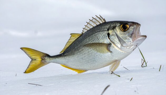 Fish lies in snow; pale with yellow fins, operculum open, gills visible, few sparse blades of grass are present