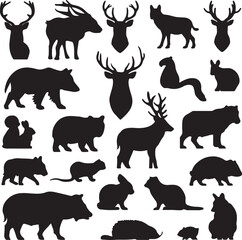 Obraz premium Silhouettes of diverse forest and woodland animals in black and white