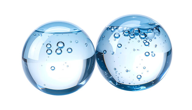Two clear spheres, one half-filled with clear liquid, the other with bubbly liquid