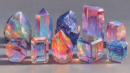 Rainbow-hued crystals gleam with iridescent light. Each stone reflects vibrant colors under soft illumination. Shaped like gems or rough minerals, they stand in serene display