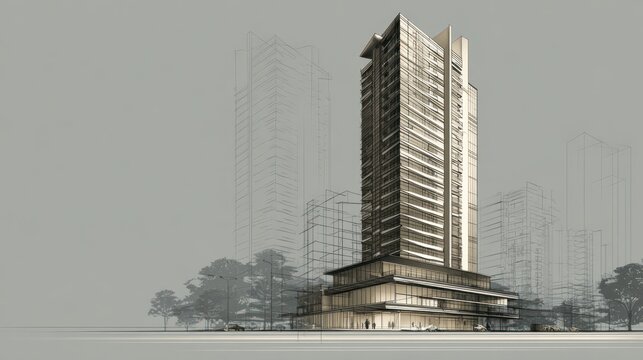Tall building design with schematic city behind, soft grey and beige tones