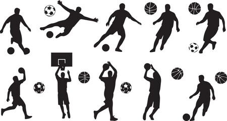 Sports athlete silhouette set including soccer football and basketball player action poses with ball icons for athletic team competition and fitness design © LaboniAkter