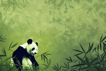 Obraz premium Artistic digital painting of a giant panda resting in a serene bamboo forest, evoking tranquility and natural beauty