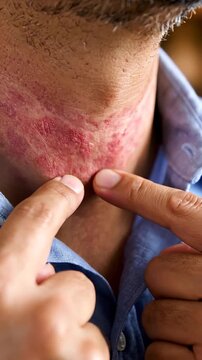 Male individual with visible skin irritation on neck gently presses affected area with fingers, showcasing progression of skin condition in close-up view