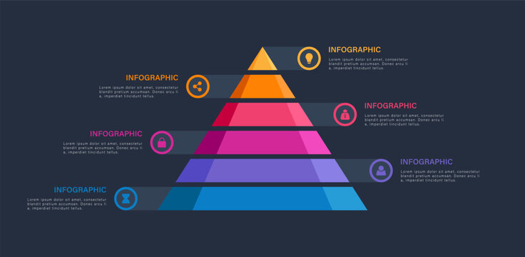 Pyramid infographic template with six level or steps. Slide for business presentation with icons and text