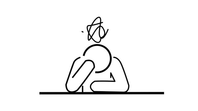 Continuous line drawing animation of a stressed person overthinking with a tangled mind at a desk