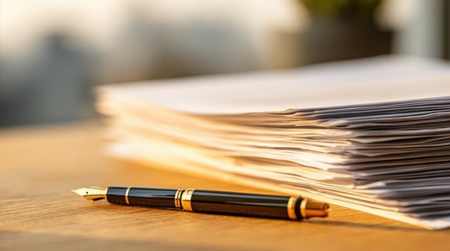 Elegant fountain pen resting near stack of documents on wooden desk in stylish modern office setting with a blurred background