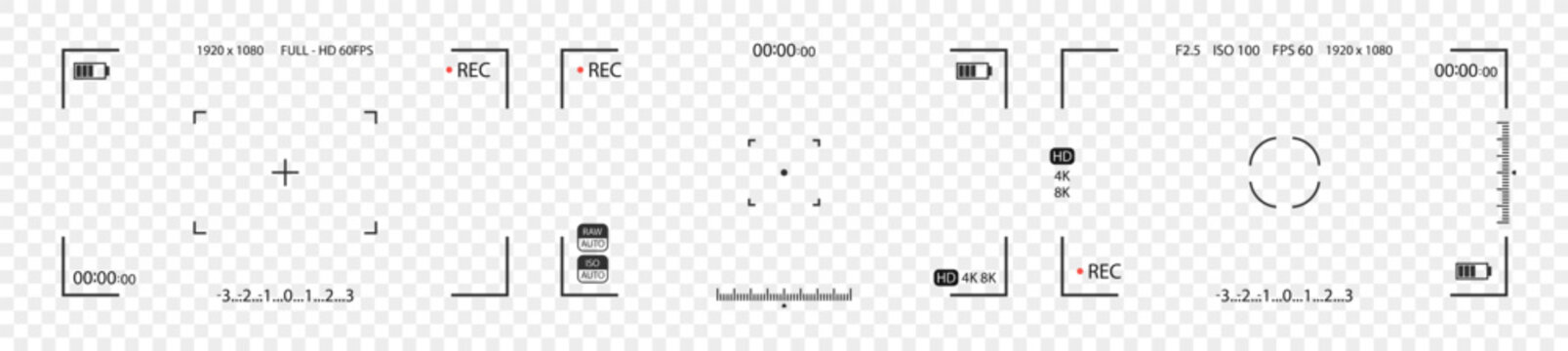 Video camera viewfinders. Recording view frame, cinema rec viewing screen and dslr cam viewfinder. Video filming screen, shooting camera recording display isolated vector