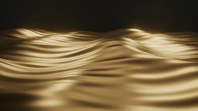 Golden fabric flows smoothly in waves under soft lighting. Textured surface creates visual interest in dark setting. Concept of fashion, interior design, advertising