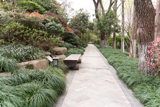 Traditional Chinese garden pathway lined with greenery, stone benches, and ornamental plants
