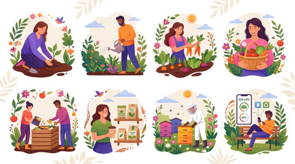 Fototapeta premium This vibrant illustration set highlights sustainable living and eco-friendly gardening practices through a series of engaging and modern visuals.
