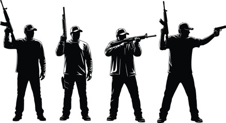 Armed men silhouettes holding rifles and handgun in different poses, tactical shooting concept, security threat theme, black vector illustration isolated on white background © MdHasanAli