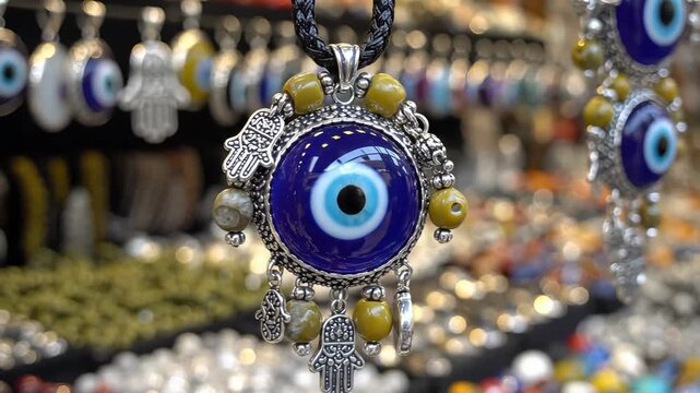 Talisman with blue eye design shown in market. Close view highlights details and colors. Background features jewelry and decorative items. Concept of cultural gift, local crafts, artisan market