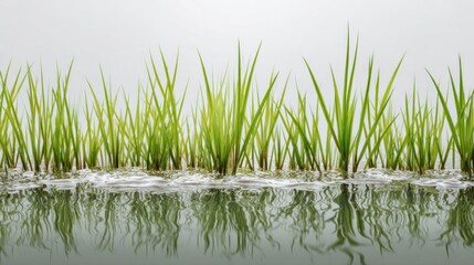 Obraz premium Lush Green Grass Growing in Water with Soft Reflection Under Calm Light for Nature and Landscape Themes