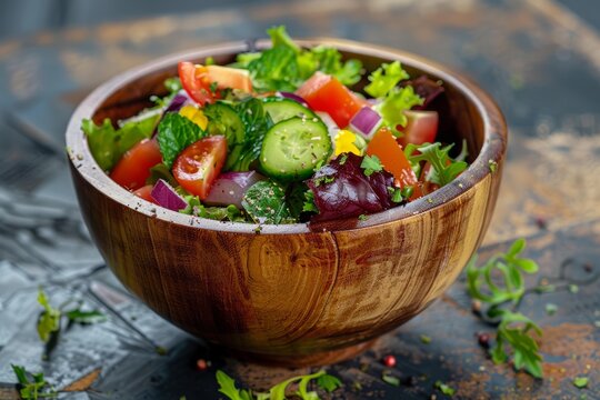 Healthy and refreshing vegetable salad made with tomatoes, cucumbers, onions, lettuce, and herbs served in a rustic wooden bowl