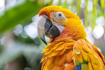 Fototapeta premium Golden macaw parrot perched on a branch, displaying its vibrant plumage amidst the lush greenery of a tropical forest