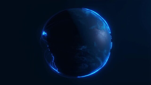 A cinematic video showing planet Earth in a dark void, surrounded by luminous blue digital threads that symbolize global communication and data transfer across the continents.