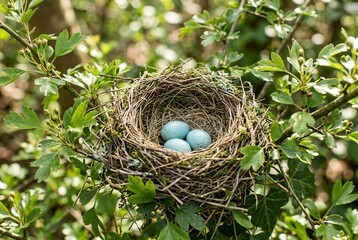 Obraz premium Delicate Blue Eggs Resting in a Nest Amid Lush Greenery Generative AI.