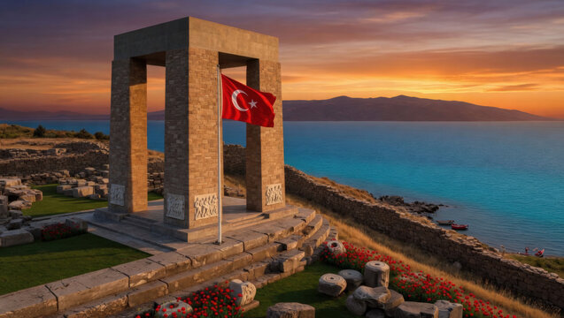 Ancient Ruins with Flag, Mediterranean View-(Reruntuhan Kuno dengan Bendera, Pemandangan Mediterania)