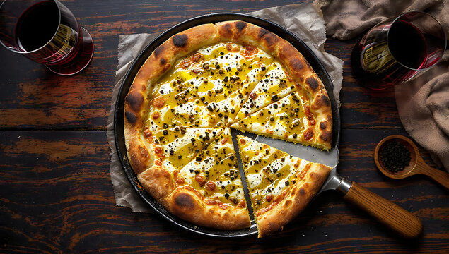 Top-Down Flat Lay Argentine Fain&aacute; Chickpea Flatbread - Golden Brown Savory Chickpea Cake - Traditional Pizza Accompaniment - Deep Focus Food Photography