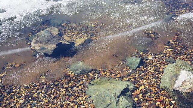 Melting ice on the shore of lake in early spring. Ice floes floating on the water. Colorful stones on the bottom of lake. Beautiful spring nature
