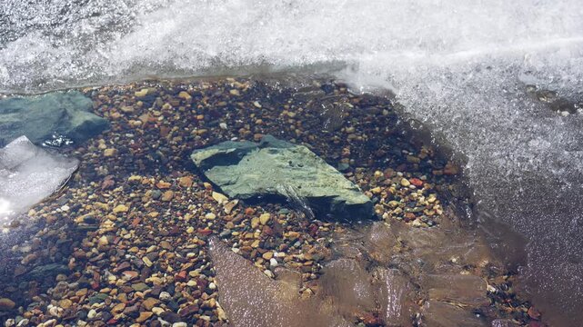 Melting ice on the shore of lake in early spring. Ice floes floating on the water. Colorful stones on the bottom of lake. Beautiful spring nature
