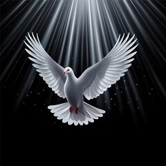 Fototapeta premium A white dove flying upwards with outstretched wings towards a beam of light
