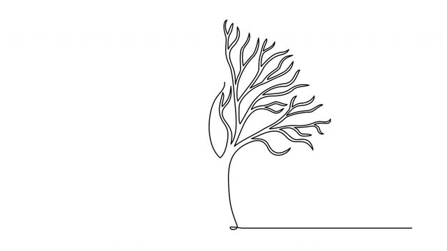 Abstract sprawling leafless winter tree with snow-covered branches, drawn in a continuous one-line self-drawing animation, minimal logo on white background