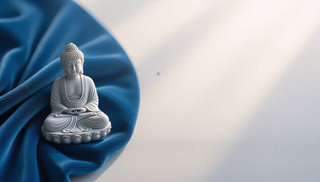 Buddha statue placed on a blue half velvet cloth