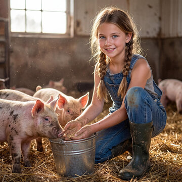 Young Girl with Braids Happily Feeds Eager Spotted Piglets from a Metal Bucket on a Hay-Strewn Barn Floor